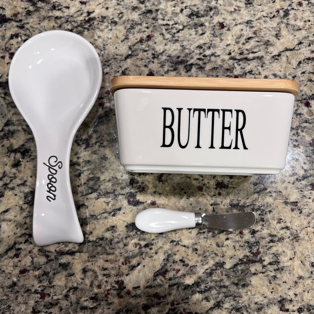 Farmhouse White and Black Butter Dish Set with Spoon and Spreader